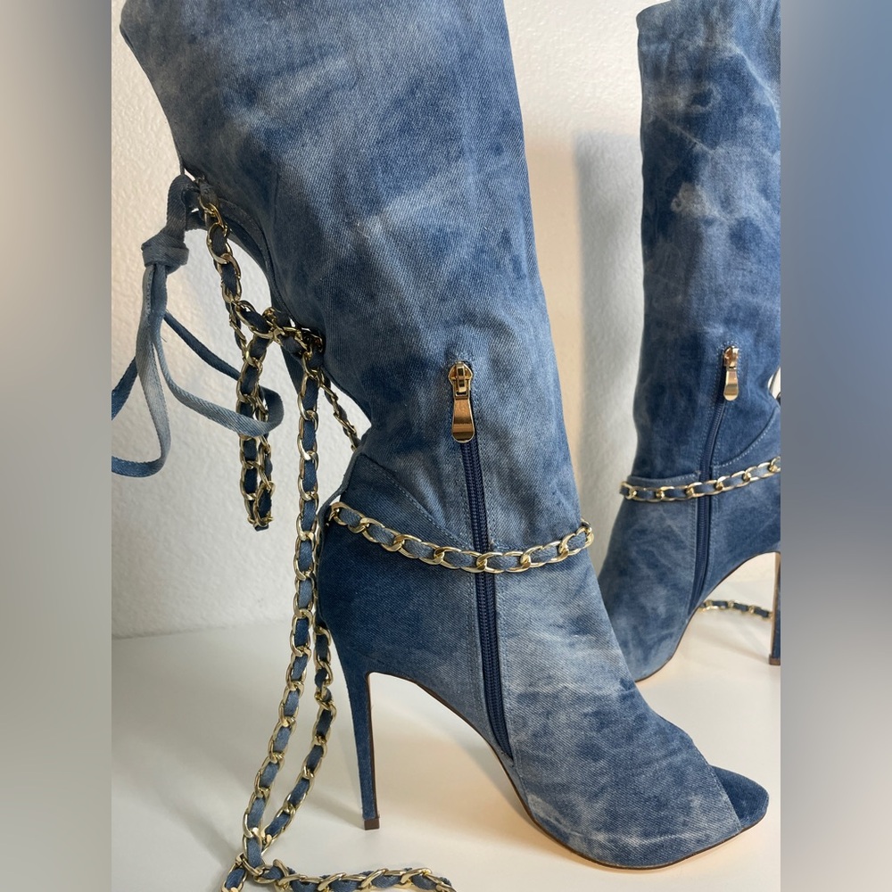 Kardashian Style Denim Slouchy Peep Toe Chain Boots NEVER WORN NWOT - Picture 3 of 10